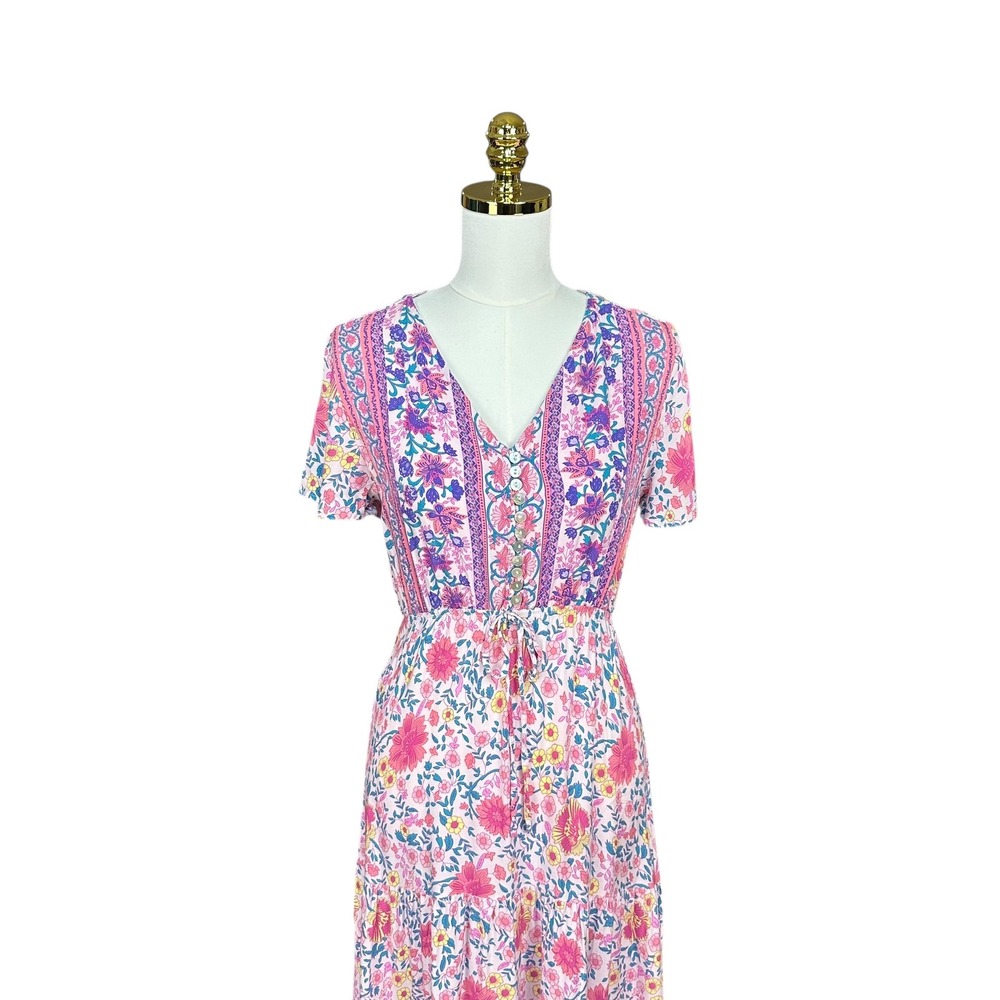 Viovimos Pink Floral Boho Maxi Dress V-Neck‎ Tiered Button Front Size S 4/6 - Picture 2 of 8